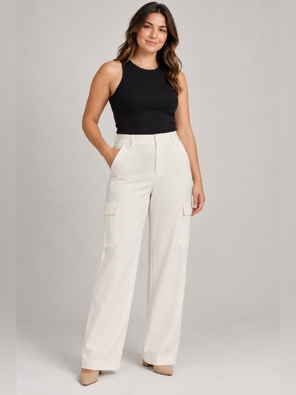 Wide-Leg Cargo Pants in Ivory
